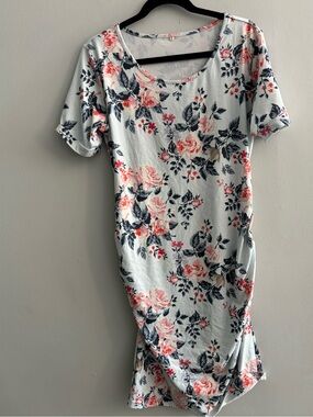 Light Blue Floral Maternity Dress Size Large Pink Blue Stretchy Summer Tropical